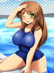  bad_id bad_pixiv_id banned_artist bare_shoulders breasts brown_hair fence green_eyes large_breasts long_hair looking_at_viewer nonomiya_midori one_eye_closed original pool shin'en_(gyokuro_company) smile solo swimsuit thighs water 