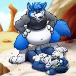  afraid blue_fur bottomless bully canine chubby desert duo frightened fur intimidate male mammal obese overweight scared standing_over supine tail_between_legs teaselbone threaten wolf 