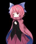  black_background bow cape dress hair_bow red_cape red_eyes red_hair sekibanki short_hair solo touhou vils 