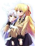  absurdres angel_beats! blazer blonde_hair brown_eyes headset highres jacket long_hair multiple_girls pantyhose school_uniform silver_hair tazu tenshi_(angel_beats!) twintails yellow_eyes yusa_(angel_beats!) 