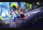  adapted_costume blue_hair boots choker dress dutch_angle hands_together hat highres hinanawi_tenshi letterboxed long_hair multiple_girls nagae_iku purple_hair red_eyes ribbon_choker short_hair shuizao_(little_child) touhou tree walking 