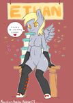  amber_eyes antelon anthro anthrofied blonde_hair cake cutie_mark derpy_hooves_(mlp) english_text equine female food friendship_is_magic fur grey_fur hair horse mammal my_little_pony pegasus pony pussy solo text wings 