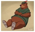  bear belt bottomless chubby claws clothing disney dj-rodney grizzly_bear happy hat hindpaw little_john male mammal overweight paws shirt sitting smile soles solo toes 