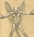  bound chain digimon erection eyes_closed flamedramon humanoid_penis male nude penis shackles solo toned tush vein wings 