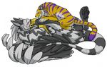  ambiguous_gender avian balls beak bird blush cum eyes_closed feline feral feral_on_feral fur gryphon lying male mammal on_back plain_background purple_markings sex size_difference spread_legs spreading tiger toradoshi white_background wings yellow_fur 