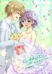  1girl blonde_hair blue_eyes bouquet clannad closed_eyes couple dress elbow_gloves flower formal fujibayashi_ryou gloves highres hiiragi_kappei nakamura_hinato petals purple_hair short_hair suit tears wedding_dress 