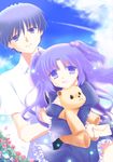  1girl blue_eyes blue_hair clannad dress envelope hair_bobbles hair_ornament ichinose_kotomi kurumi_rumi long_hair okazaki_tomoya purple_eyes purple_hair stuffed_animal stuffed_toy teddy_bear two_side_up 