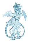  belly_dancer breasts female horn jewelry monochrome navel nipples piercing plain_background redbeanviolin sketch tail_ring unknown_species wings 