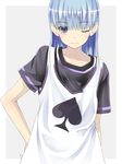  blue_hair blush hand_on_hip long_hair looking_at_viewer original simple_background solo toshiya 