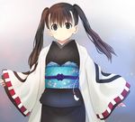 blush copyright_request flat_chest green_eyes japanese_clothes kimono long_hair solo toshiya twintails 