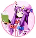  :&lt; bad_id bad_pixiv_id blush book crescent flying_sweatdrops hair_ribbon hat long_hair mintol_(qool+) open_book patchouli_knowledge purple_eyes purple_hair ribbon solo touhou 