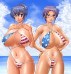  2girls american_flag american_flag_bikini beach bikini blush breasts dark_skin flag_print glasses hands_on_hips huge_breasts large_breasts makoto_(mk10) multiple_girls ocean original pixiv_manga_sample purple_eyes purple_hair short_hair smile swimsuit tan tanline water 