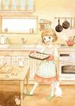  apron baking_sheet blush brown_eyes brown_hair bunny cookie cookie_cutter dress english food happy kettle kitchen open_mouth original oven oven_mitts rolling_pin short_hair slippers socks solo stove table tokoyu traditional_media tray watercolor_(medium) window 