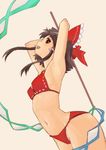  armpits bikini brown_background brown_hair hakurei_reimu long_hair navel pinzu red_eyes simple_background smile solo swimsuit touhou 