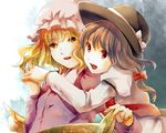  blonde_hair brown_eyes brown_hair couple hat holding_hands hug hug_from_behind i_wanna interlocked_fingers maribel_hearn md5_mismatch multiple_girls pointing touhou usami_renko yellow_eyes yuri 