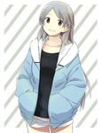  blush grin hands_in_pockets hood hood_down hooded_jacket hoodie jacket long_hair looking_at_viewer open_clothes open_hoodie original shorts smile solo toshiya very_long_hair 