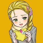  blonde_hair blush braid chocolate chocolate_heart face futari_wa_precure futari_wa_precure_max_heart green_eyes hair_ornament hairclip hajime_(caramel_toone) heart kujou_hikari lowres precure simple_background single_braid yellow_background 