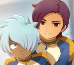  blue_hair dark_skin dark_skinned_male hair_over_one_eye inazuma_eleven_(series) inazuma_eleven_go jacket kurama_norihito male_focus minamisawa_atsushi mizuhara_aki multiple_boys purple_hair raimon track_jacket upper_body 