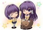  botan_(clannad) chibi clannad closed_eyes fujibayashi_kyou fujibayashi_ryou hair_ribbon hikarizaka_private_high_school_uniform isumi_(i-spixi) long_hair multiple_girls one_eye_closed purple_eyes purple_hair ribbon riding school_uniform short_hair siblings sisters smile star thighhighs twins wild_boar 