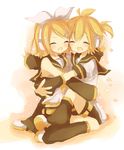  1girl blonde_hair blush brother_and_sister closed_eyes inaresi kagamine_len kagamine_rin open_mouth short_hair siblings simple_background sitting smile vocaloid white_background 