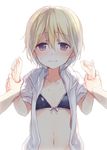  bad_id bad_pixiv_id bikini blonde_hair blush embarrassed flat_chest hood hoodie midriff nakayama_miyuki navel open_clothes open_hoodie original purple_eyes short_hair solo_focus swimsuit upper_body 