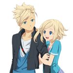  1girl arm_hug asemu_asuno blonde_hair blue_eyes brother_and_sister casual dress gundam gundam_age hachi_kou jacket long_hair ponytail siblings smile unoa_asuno 