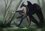  arthropod detailed_background dragon dragonfly drawain flying furred_dragon hybrid insect male nude solo swamp toned water wings 