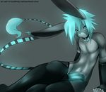  blue_hair blush cabbit cat clothed clothing collar feline fingerless_gloves girly gloves glowing hair hybrid jyun kami-chan lagomorph legwear luminescent male mammal markings nipples penis rabbit rubber skimpy solo stripes thigh_highs 