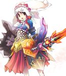  lagombi_(armor) monster_hunter monster_hunter_3_g nargacuga_(armor) open_mouth simple_background smile solo sword toshiya weapon white_background 