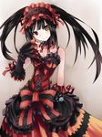  bare_shoulders black_hair bow bowtie breasts cleavage clock_eyes collarbone date_a_live dress frills gothic_lolita grey_background hairband head_tilt heterochromia highres keid lolita_fashion lolita_hairband long_hair looking_at_viewer medium_breasts red_bow red_eyes red_neckwear ribbon simple_background smile solo standing symbol-shaped_pupils tokisaki_kurumi twintails yellow_eyes 