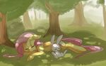  2012 ambiguous_gender angel_(mlp) briskby cutie_mark duo equine eyes_closed female feral fluttershy_(mlp) forest friendship_is_magic grass hair horse lagomorph long_hair lying my_little_pony nature outside pegasus pink_hair pony rabbit sleeping smile spread_legs spreading tree whiskers white_fur wings yellow_fur 