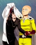  1girl bald black_dress black_hair blush cape cape_lift dress fubuki_(one-punch_man) gloves green_eyes hand_up holding_hand holding_hands metro_(yoto) one-punch_man rain saitama_(one-punch_man) shared_cape shared_clothes side-by-side white_cape 