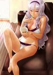  barefoot bra breasts couch eating food fork idolmaster idolmaster_(classic) large_breasts long_hair navel nekoi_mie noodles panties pink_eyes shijou_takane silver_hair solo underwear underwear_only 