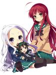  2girls ahoge arras_ramus black_hair braid child green_eyes hataraku_maou-sama! horns long_hair maou_sadao mishima_kurone multiple_girls purple_eyes red_eyes red_hair silver_hair spoilers yusa_emi 