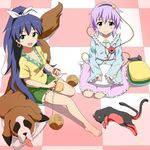  animal barefoot blouse blue_hair blush_stickers bow bracelet breasts cat checkered checkered_floor cleavage crossover dog earrings fang fueiku ganaha_hibiki green_eyes hair_bow hands_on_lap headband heart idolmaster idolmaster_(classic) inumi jewelry kaenbyou_rin kaenbyou_rin_(cat) knitting knitting_needle komeiji_satori lavender_hair long_hair looking_at_viewer lying medium_breasts multiple_girls multiple_tails needle on_side pillow ponytail purple_eyes short_hair short_sleeves shorts sitting skirt sleeves_past_wrists smile st_bernard tail third_eye touhou yarn yarn_ball yokozuwari 