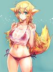  :o animal_ears bikini blonde_hair blush borrowed_character breasts cleavage fox_ears fox_tail green_background green_eyes highres kaori-san_(angelo) large_breasts long_hair navel open_mouth original red_bikini see-through side-tie_bikini simple_background solo swimsuit tail taishi_(picchiridou) wet 