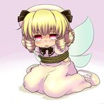  blonde_hair blush drill_hair hat ishikkoro looking_at_viewer luna_child purple_eyes sitting tears touhou wariza wings 