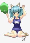  animal_ears blue_eyes blue_hair blush breasts cat_ears cat_tail hair_bobbles hair_ornament hat hat_removed headwear_removed ishikkoro kawashiro_nitori kemonomimi_mode medium_breasts one-piece_swimsuit school_swimsuit simple_background sitting solo swimsuit tail touhou wariza 