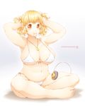  bare_shoulders barefoot bikini blonde_hair breasts cleavage feet headphones highres huge_breasts indian_style looking_at_viewer mouth_hold navel nitroplus plump pomodori red_eyes short_hair side-tie_bikini sitting solo super_pochaco swimsuit white_bikini 