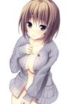  3: areolae black_eyes blush bottomless breasts brown_hair cardigan cleavage collarbone covering covering_crotch large_breasts looking_at_viewer naked_cardigan navel original oryou ribbed_sweater short_hair simple_background solo sweater white_background 