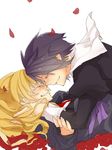  1girl black_hair blonde_hair closed_eyes couple flower grin hand_in_hair hetero juliet_sleeves kanon_(umineko) long_sleeves lovemaronmeru0827 lying necktie noses_touching on_back petals profile puffy_sleeves rose rose_petals smile tears umineko_no_naku_koro_ni ushiromiya_jessica 