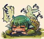  blush chibi closed_eyes crying dated dress grass green_hair head_fins long_sleeves mermaid monster_girl open_mouth same_anko solo tears touhou translated wakasagihime wavy_mouth 