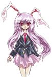  animal_ears bad_id bad_pixiv_id blazer bunny_ears crescent formless_god grey_background highres jacket long_hair long_sleeves necktie open_mouth purple_hair red_eyes reisen_udongein_inaba skirt solo touhou very_long_hair 