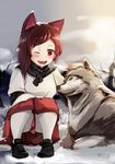  animal_ears bad_id bad_pixiv_id brown_eyes brown_hair cofepig imaizumi_kagerou one_eye_closed open_mouth pantyhose petting sketch skirt smile solo squatting tail touhou wolf wolf_ears wolf_tail 