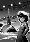  coat commentary_request fat_(artist) greyscale hat highres monochrome murasa_minamitsu sailor_hat short_hair solo submarine touhou watercraft 