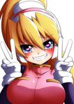  bangs blonde_hair blue_eyes blush breasts ciel_(rockman) clenched_teeth commentary_request double_v eyebrows_visible_through_hair gloves grin hair_between_eyes hand_gesture headgear heart heart-shaped_pupils heart_in_eye helmet high_ponytail huge_breasts large_breasts long_hair long_sleeves looking_at_viewer ponytail portrait rockman rockman_zero semikichi simple_background smile solo symbol-shaped_pupils symbol_in_eye teeth upper_body v white_background white_gloves 