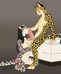  ball_fondling balls bed big_balls big_penis black_hair breasts cheetah clouded_leopard collar feline female hair jasiri kneeling long_hair male mammal oral oral_sex orange_eyes penis princess_tagalong sex sheath simple_background straight 