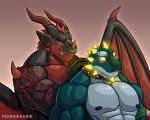  2018 anthro black_scales blush brown_background collar dragon duo ear_piercing eyebrow_piercing facial_piercing front_view green_scales hair hekar hi_res horn kingtm looking_back male markings muscular muscular_male nipples nose_piercing nude piercing primodrago red_eyes red_hair red_markings red_scales scales scalie simple_background spiked_collar spikes standing story story_at_source story_in_description wings yellow_eyes 