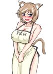  animal_ears apron bare_shoulders blue_eyes blush breasts brown_hair cat_ears cat_tail cleavage covered_nipples highres large_breasts linith lyrical_nanoha mahou_shoujo_lyrical_nanoha_innocent mitsurugi_tsurugi naked_apron open_mouth short_hair solo tail teeth white_background 