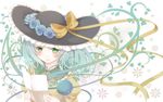  aqua_hair blouse blue_flower blue_rose floral_background flower green_eyes hat hat_ribbon head_wreath komeiji_koishi leaf light_smile lips nekotemari paper plant reading ribbon rose short_hair solo third_eye touhou upper_body vines white_background wind 